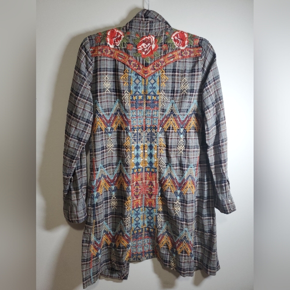 Johnny Was Tops - Johnny Was 3J Workshop Flannel Embroidered Tunic With Pearl Snap Buttons Size S